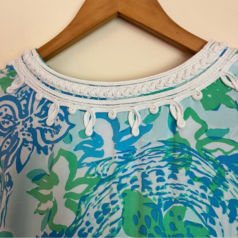Lilly Pulitzer Madia Blue Green Tunic Shift Dress Small Crochet Neckline Resort - Picture 9 of 11